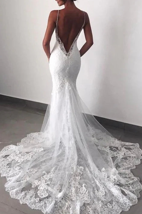 Mermaid V-Neck Sleeveless Open Back Lace Wedding Dress