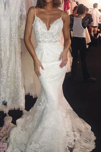 Mermaid V-Neck Sleeveless Open Back Lace Wedding Dress