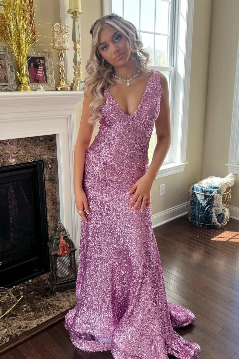 Mermaid V-Neck Sleeveless Sequins Party Prom Dress