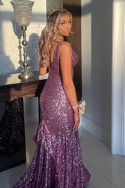 Mermaid V-Neck Sleeveless Sequins Party Prom Dress