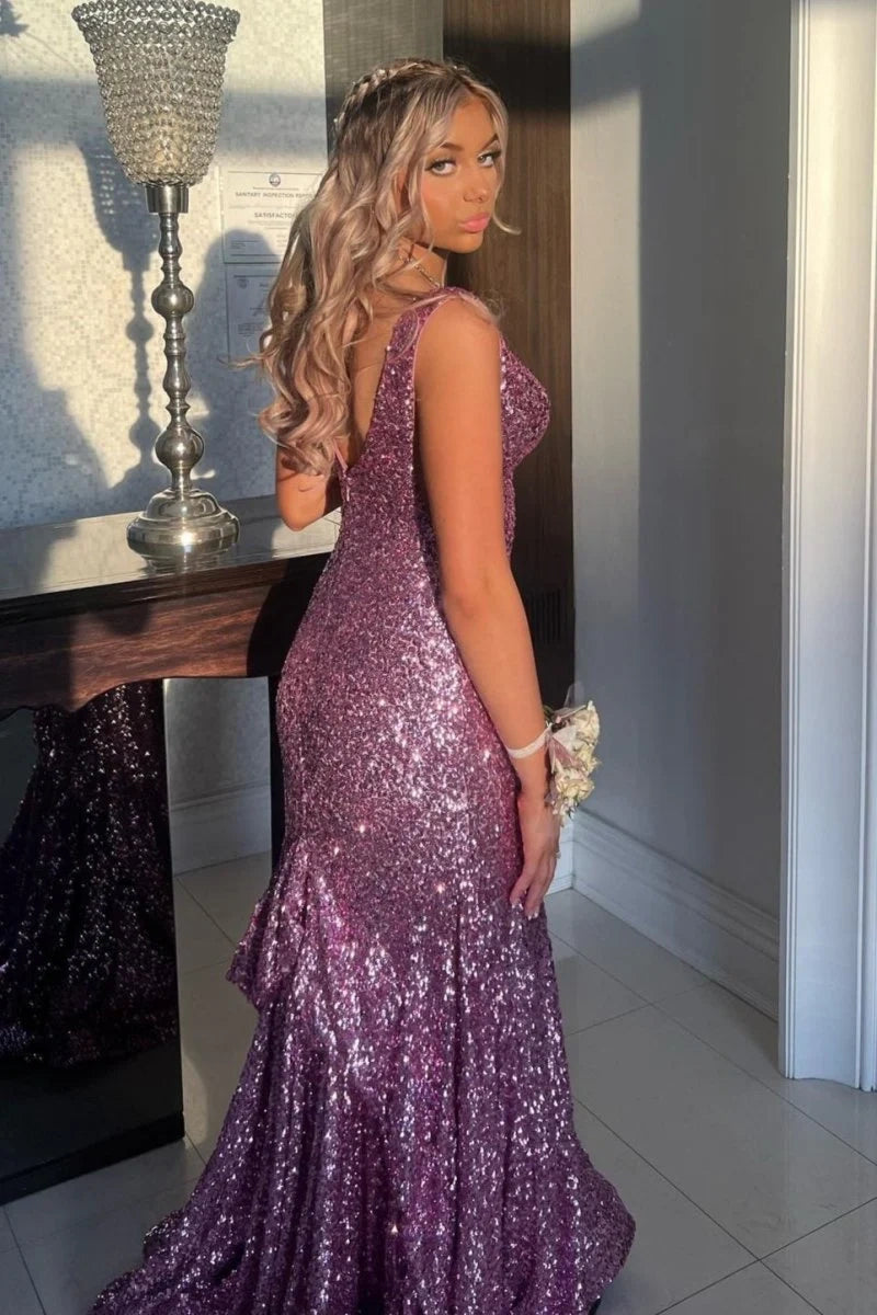 Mermaid V-Neck Sleeveless Sequins Party Prom Dress