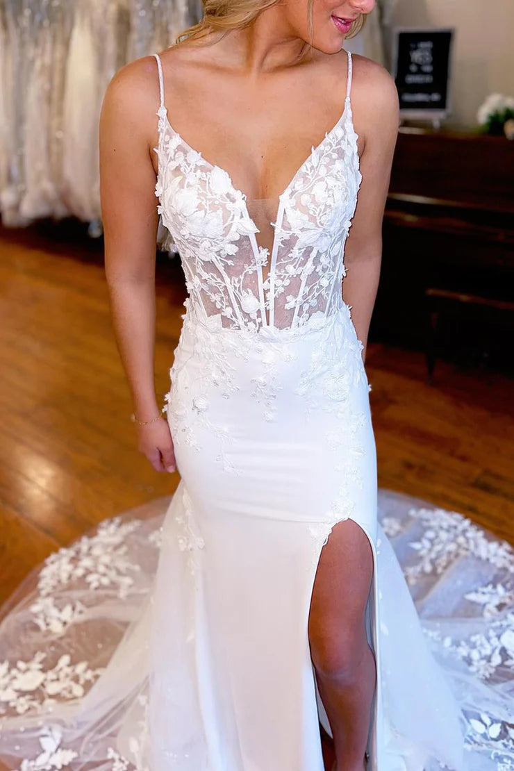 Mermaid V-Neck Sleeveless Sheer Empire Lace Wedding Dress