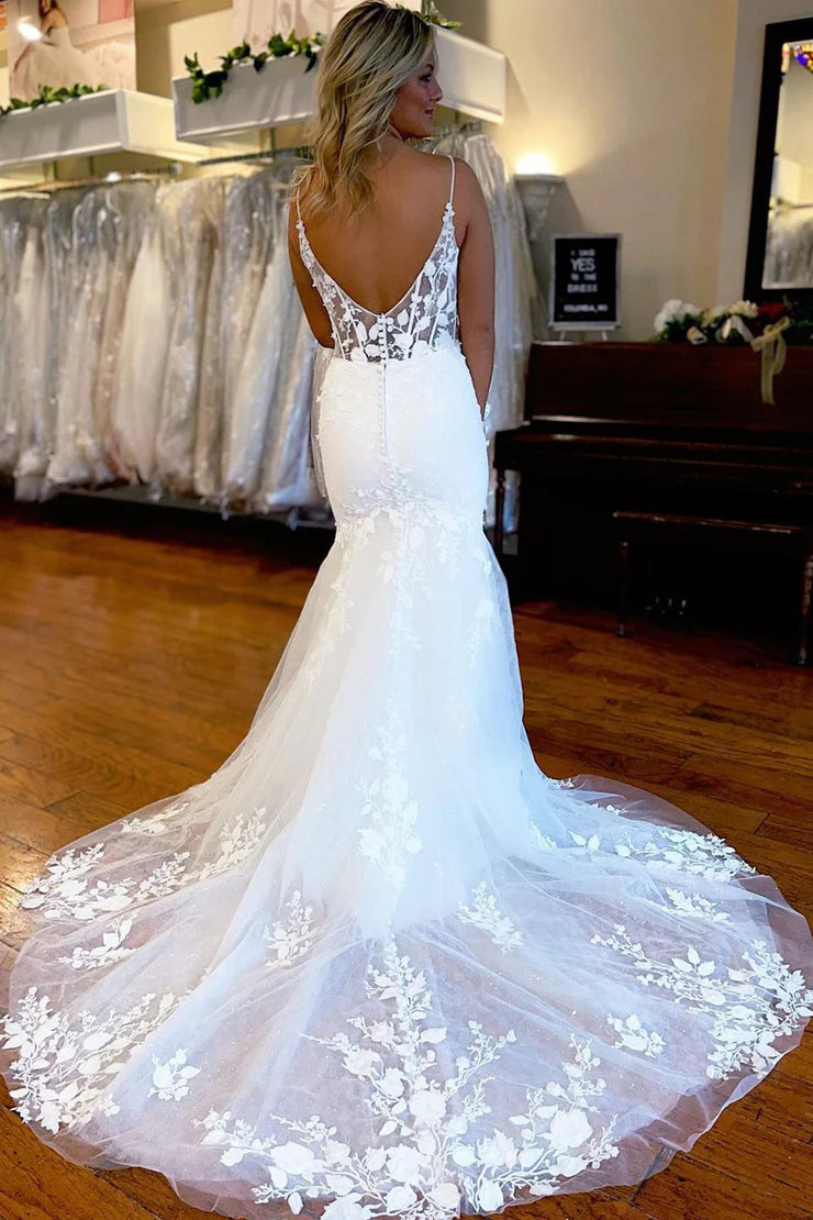 Mermaid V-Neck Sleeveless Sheer Empire Lace Wedding Dress