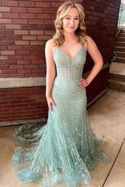 Mermaid V-Neck Spaghetti Straps Appliques Prom Dress