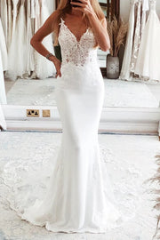 Mermaid V-Neck Spaghetti Straps Lace Appliques Wedding Dress