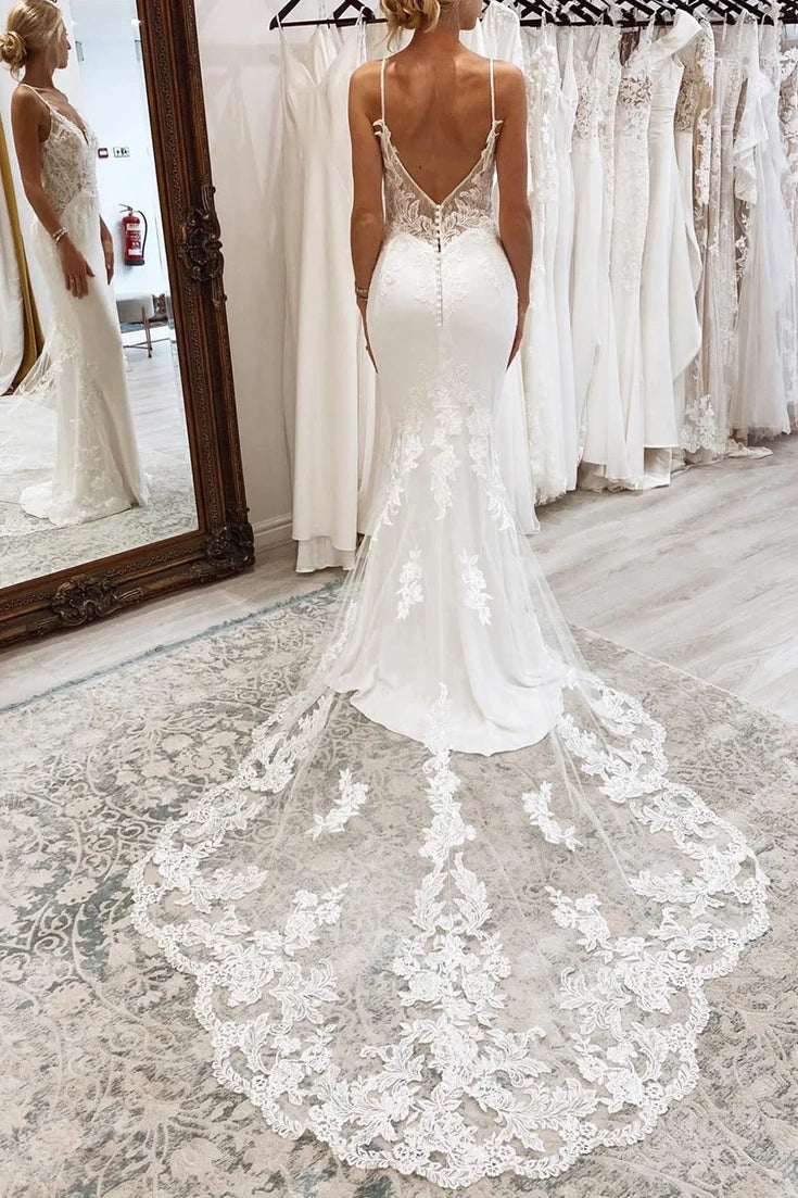Mermaid V-Neck Spaghetti Straps Lace Appliques Wedding Dress White / US 2 Mermaid V-Neck Spaghetti Straps Lace Appliques Wedding Dress White / US 2