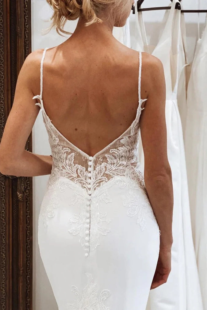 wedding dresses mermaid low back Mermaid V-Neck Spaghetti Straps Lace Appliques Wedding Dress White / US 2