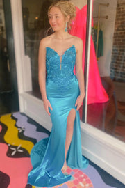 Mermaid V-Neck Strapless Appliques Prom Dress With Slit