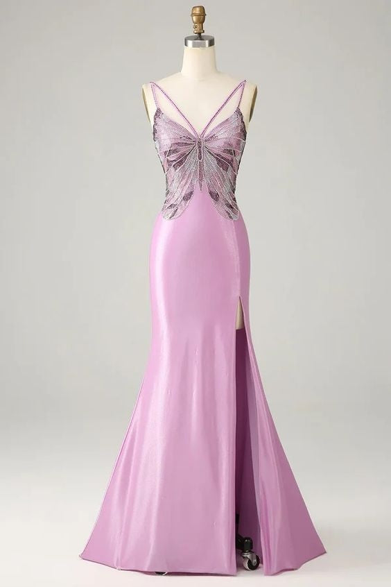 Mermaid Prom Dress Spaghetti Straps Backless Butterflies With Slit