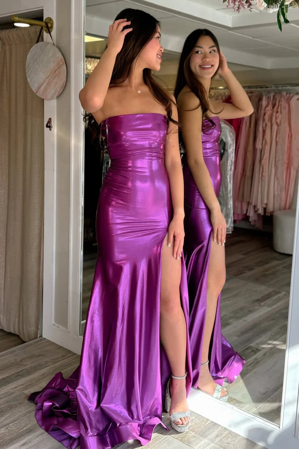 Metallic Texture Strapless Lace-Up Mermaid Leg Slit Party Prom Dress