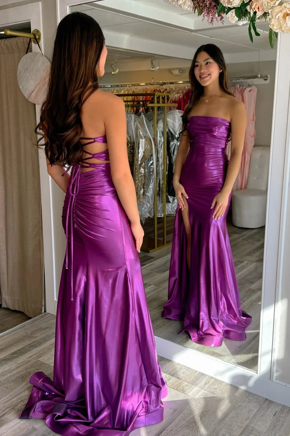 Metallic Texture Strapless Lace-Up Mermaid Leg Slit Party Prom Dress