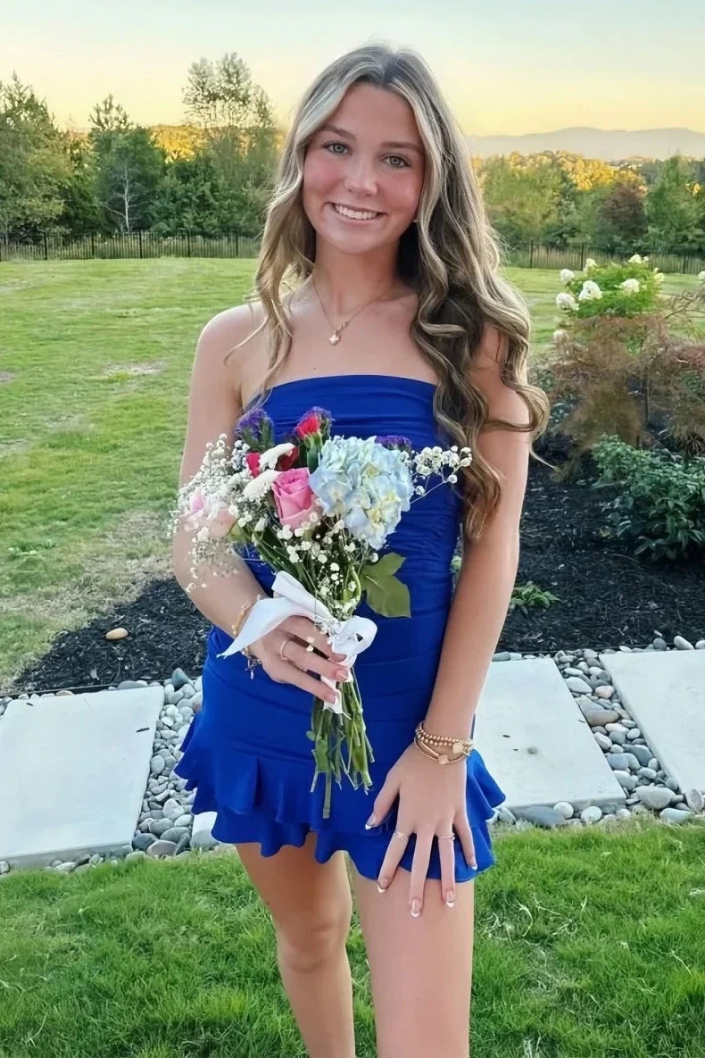 Mini Strapless Sleeveless Empire Lace Up Tiered Homecoming Dress