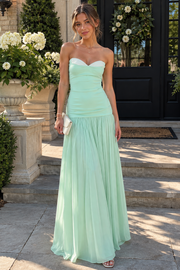 Mint Green A-Line Satin And Chiffon Floor-Length Party Prom Dress