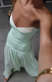 Mint Green A-Line Satin And Chiffon Floor-Length Party Prom Dress