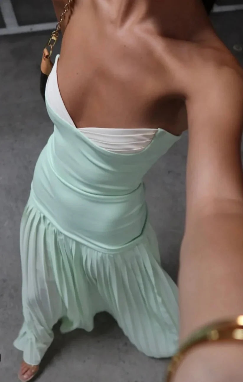 Mint Green A-Line Satin And Chiffon Floor-Length Party Prom Dress