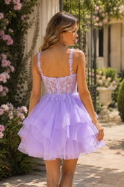 Modest A-Line Boat Straps Lace Appliques Tiered Tulle A-Line Homecoming Dress