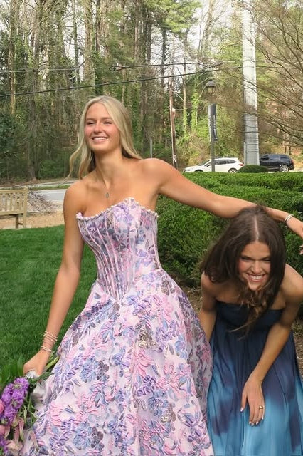Modest A-Line Empire Pearl Strapless Floral Satin Party Prom Dress