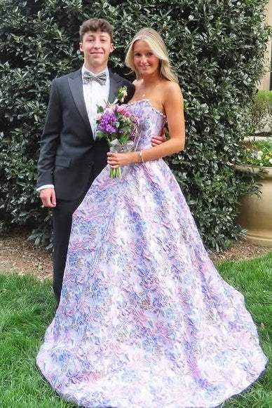 Modest A-Line Empire Pearl Strapless Floral Satin Party Prom Dress