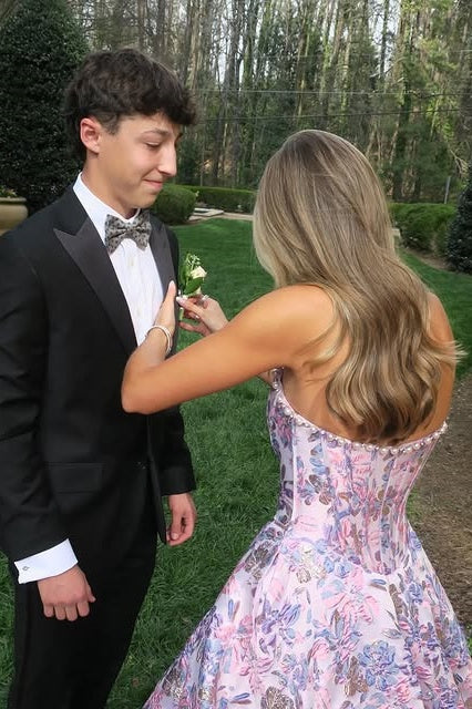 Modest A-Line Empire Pearl Strapless Floral Satin Party Prom Dress