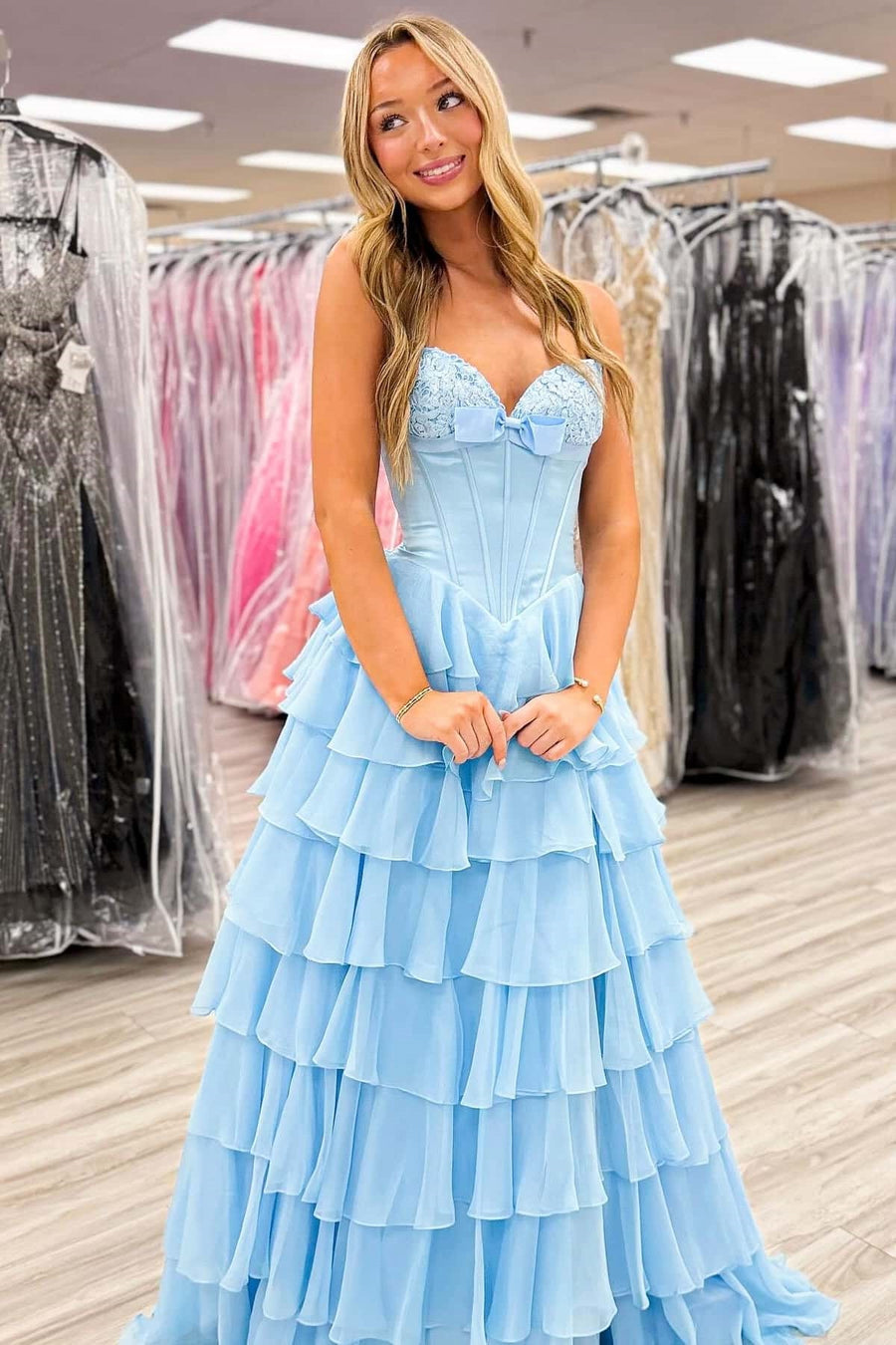 Modest A-Line Empire Strapless Tiered Party Prom Dress With Bow