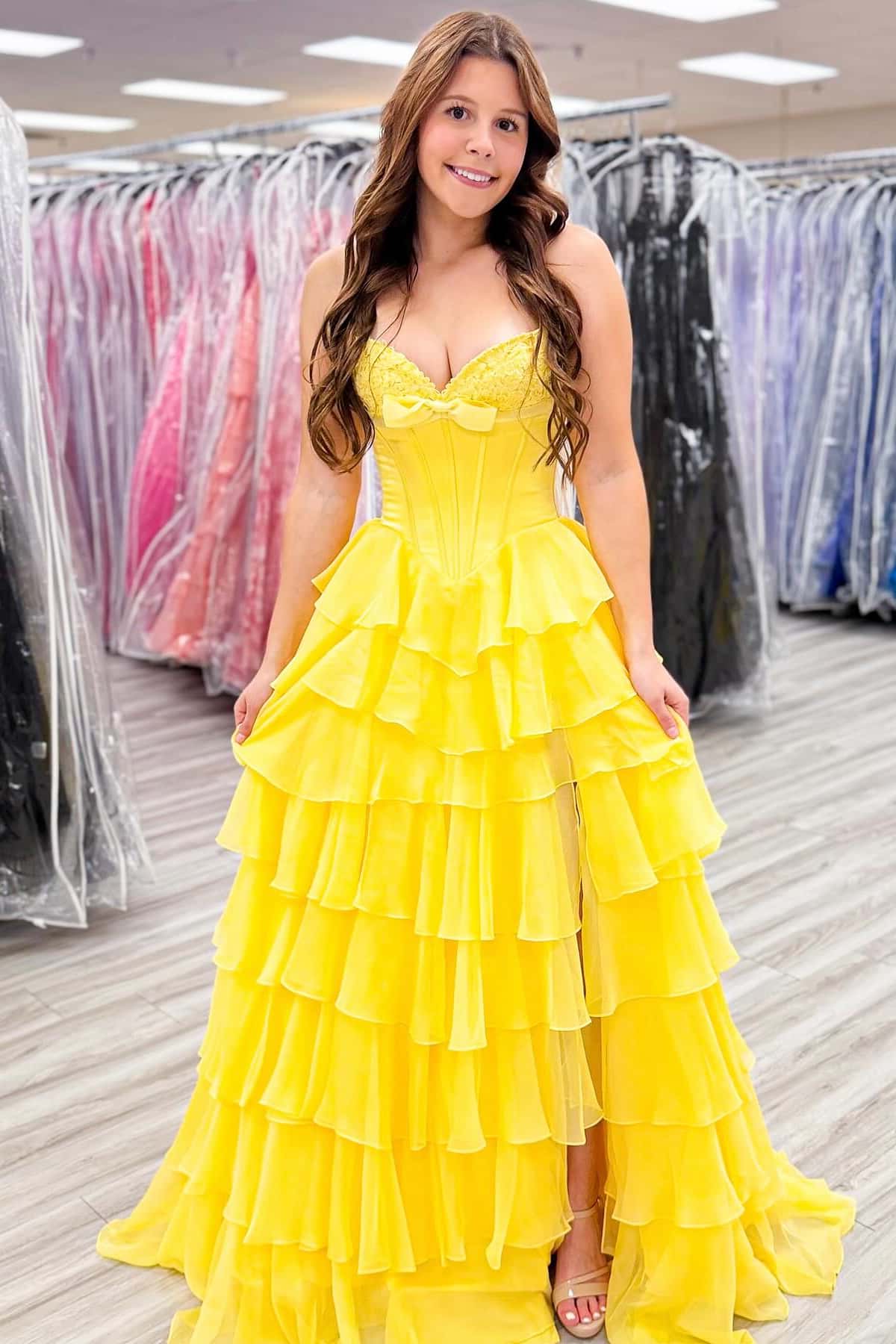 Modest A-Line Empire Strapless Tiered Party Prom Dress With Bow