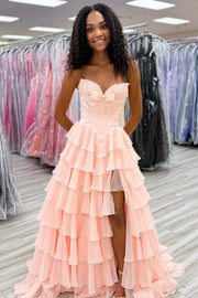 Modest A-Line Empire Strapless Tiered Party Prom Dress With Bow