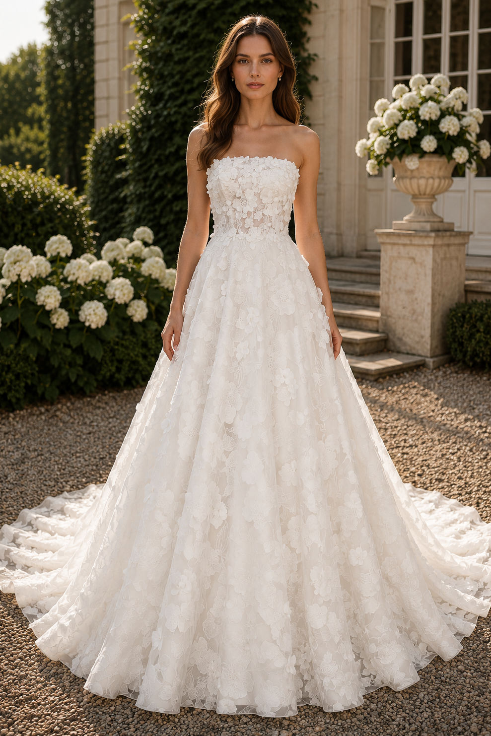 Modest A-Line Floral Lace Strapless Empire Formal Wedding Dress