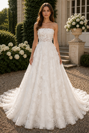 Modest A-Line Floral Lace Strapless Empire Formal Wedding Dress