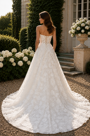 Modest A-Line Floral Lace Strapless Empire Formal Wedding Dress