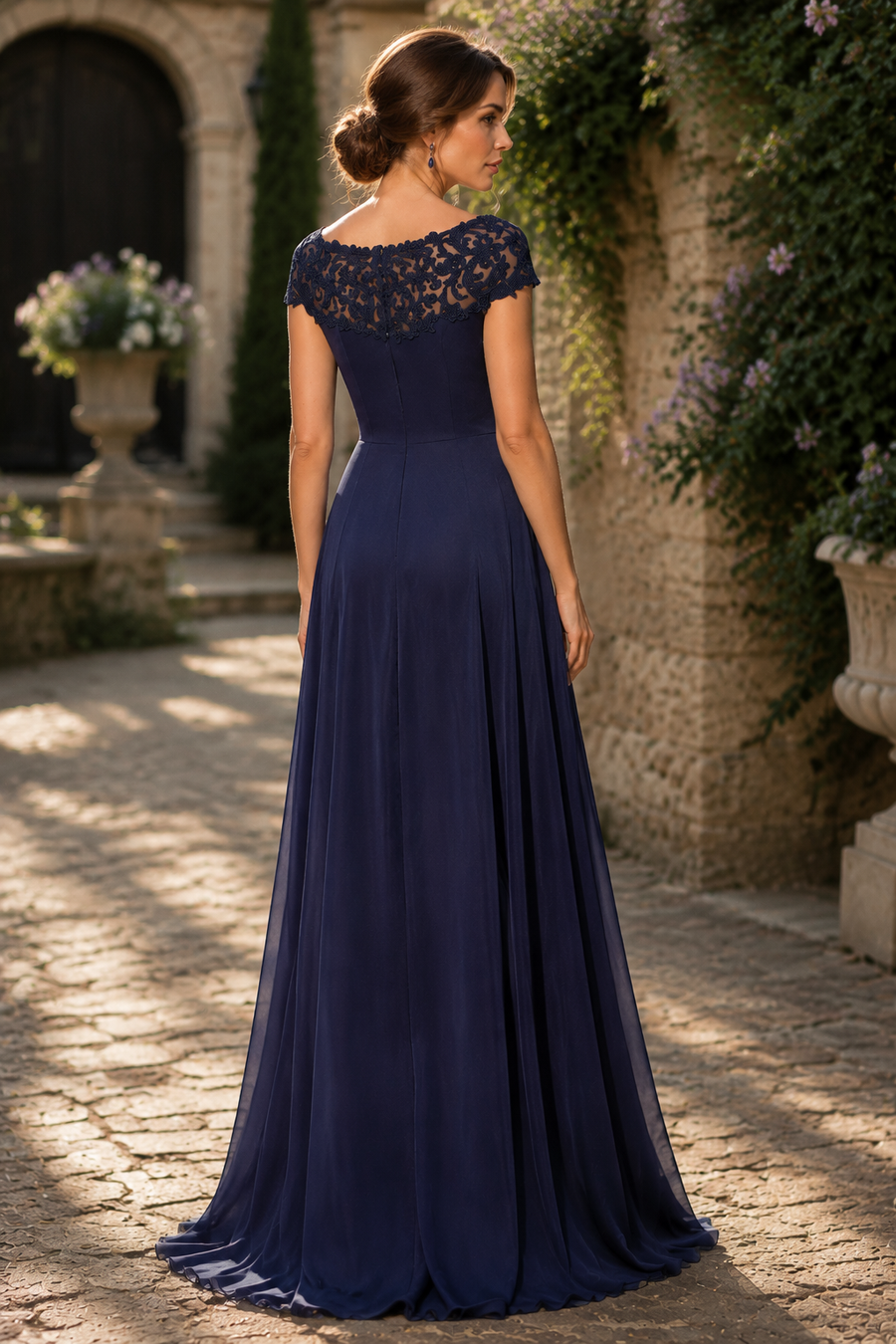 Modest A-Line Scoop Empire Lace Appliques Chiffon Mother Of The Bride Dress