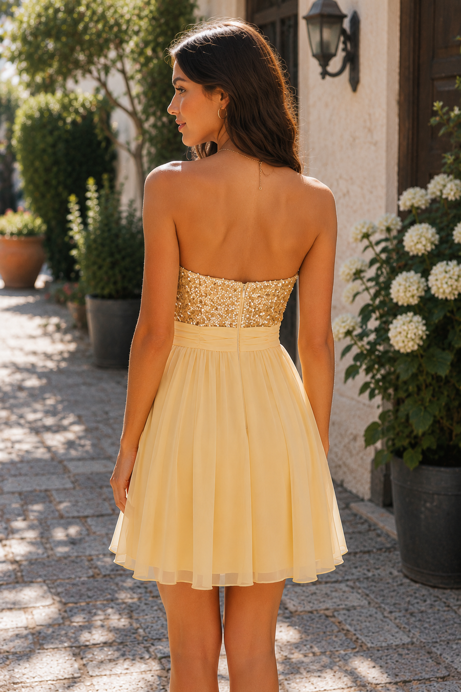 Modest A-Line Sequin Top Chiffon Strapless Empire Mini Homecoming Dress