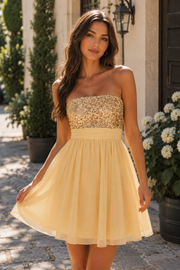 Modest A-Line Sequin Top Chiffon Strapless Empire Mini Homecoming Dress