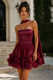 Modest A-Line Strapless Empire Pleated Floral Mini Homecoming Dress