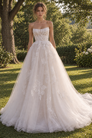 Modest A-Line Strapless High Waist Lace Appliques Tulle Wedding Dress