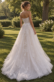 Modest A-Line Strapless High Waist Lace Appliques Tulle Wedding Dress