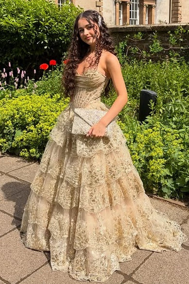 Modest A-Line Strapless High Waist Lace Tiered Formal Prom Gown