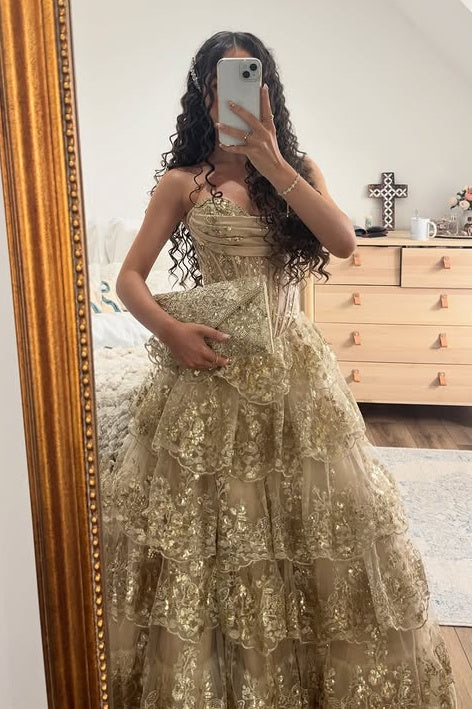 Modest A-Line Strapless High Waist Lace Tiered Formal Prom Gown