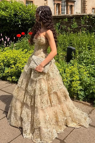 Modest A-Line Strapless High Waist Lace Tiered Formal Prom Gown