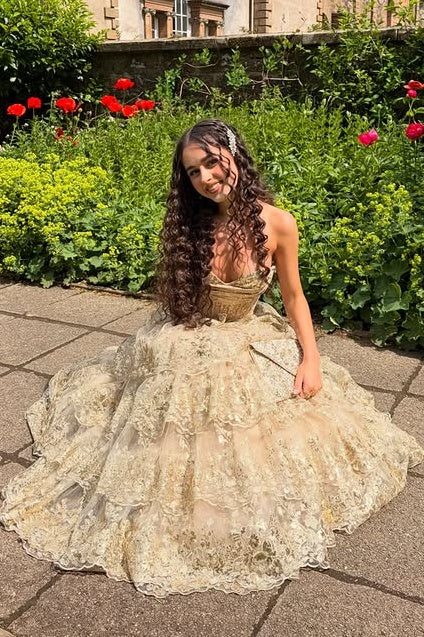 Modest A-Line Strapless High Waist Lace Tiered Formal Prom Gown