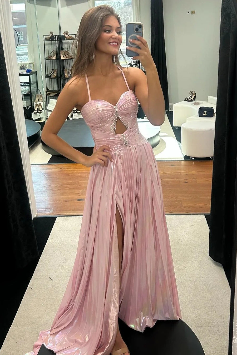 Modest A-Line Sweetheart Spaghetti Straps Pleated Party Prom Dress