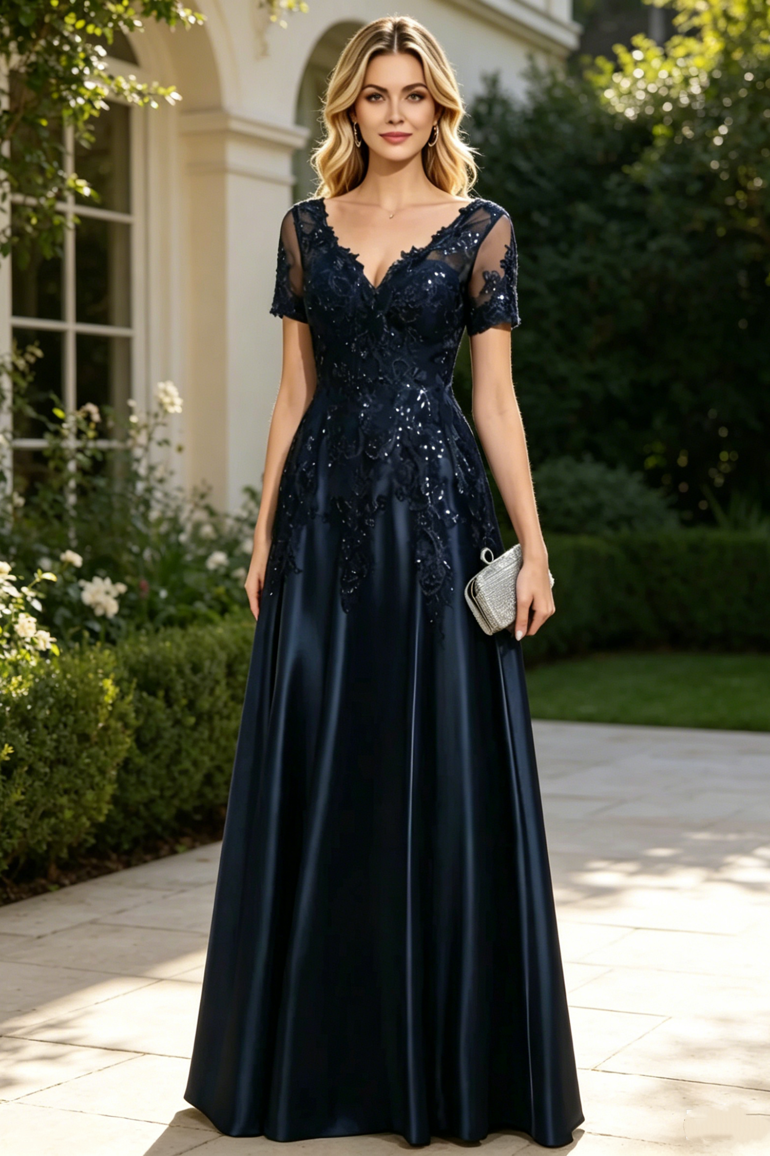 Modest A-Line V-Neck Short Sleeves Floor-Length Mother Of The Bride Dress