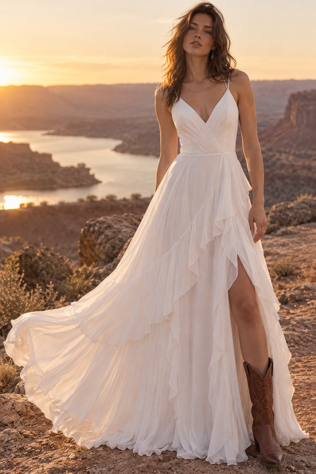 Modest A-Line V-Neck Spaghetti Straps Tiered Chiffon Wedding Dress