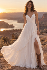 Modest A-Line V-Neck Spaghetti Straps Tiered Chiffon Wedding Dress
