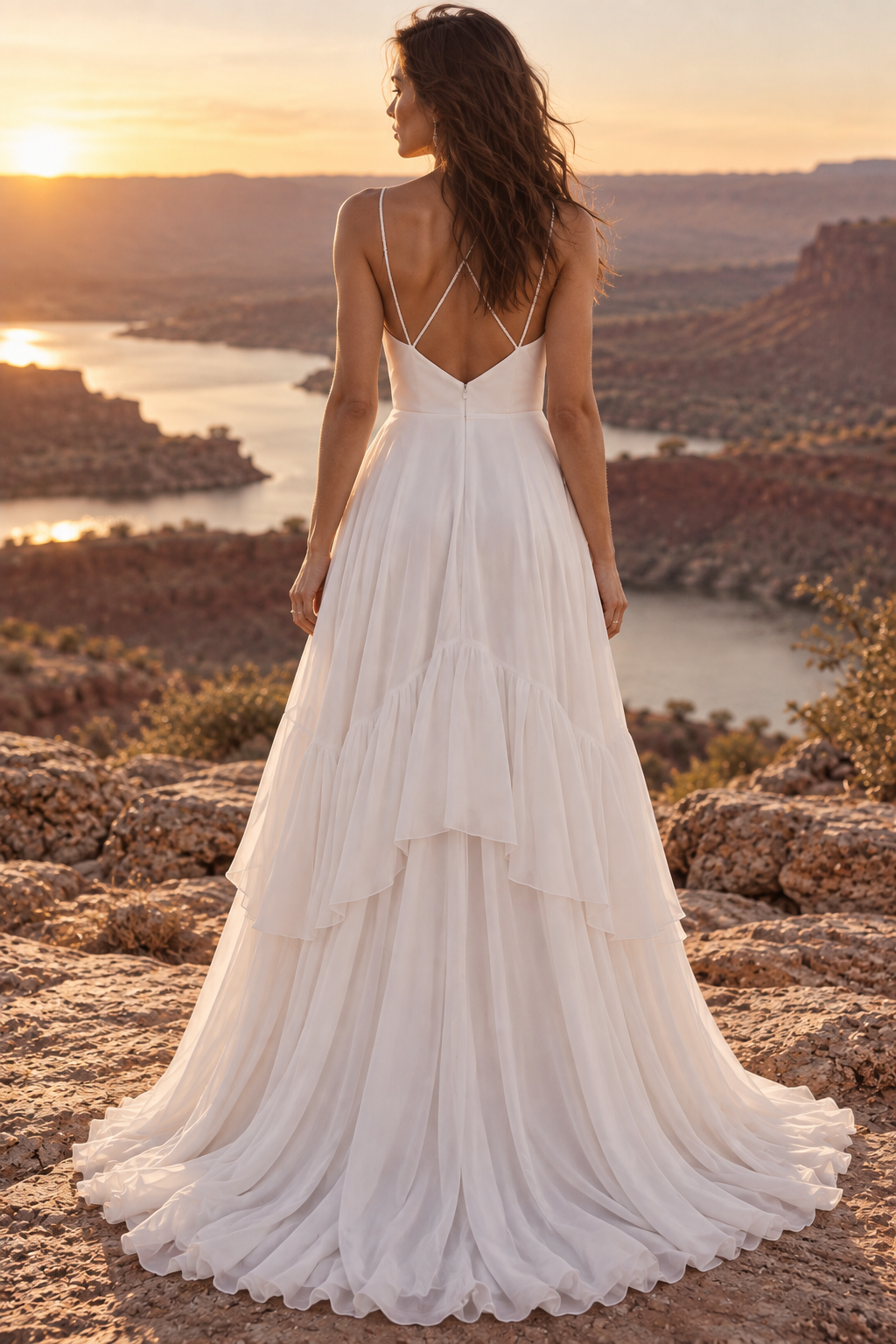 Modest A-Line V-Neck Spaghetti Straps Tiered Chiffon Wedding Dress