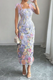 Modest Fitted Bow Straps 3D Florals Party Prom Dress