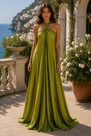 Modest Green A-Line Satin Halter Backless Long Bridesmaid Dress