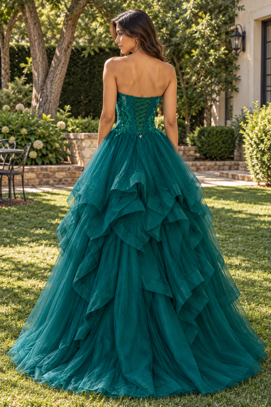 Modest Green Strapless Lace Empire Ruffle A-Line Party Prom Dress