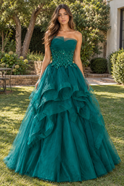 Modest Green Strapless Lace Empire Ruffle A-Line Party Prom Dress
