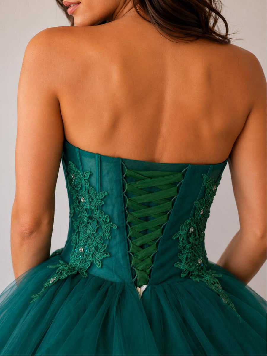 Modest Green Strapless Lace Empire Ruffle A-Line Party Prom Dress