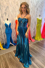 Modest Halter Sleeveless Satin A-Line Party Prom Dress With Slit